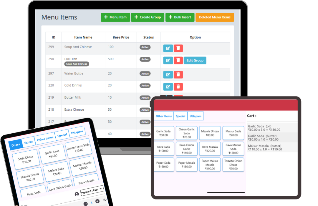 Menu items management screen