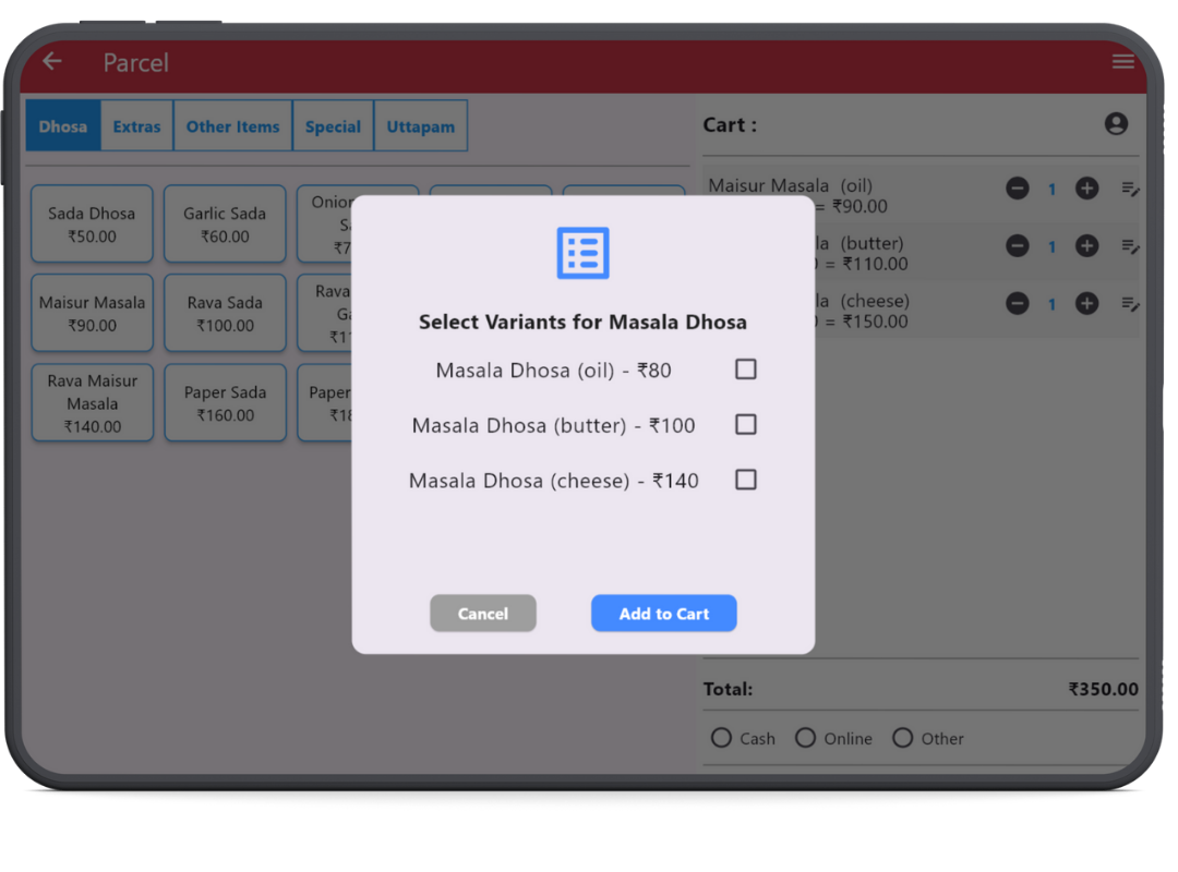 Price and variant management screen